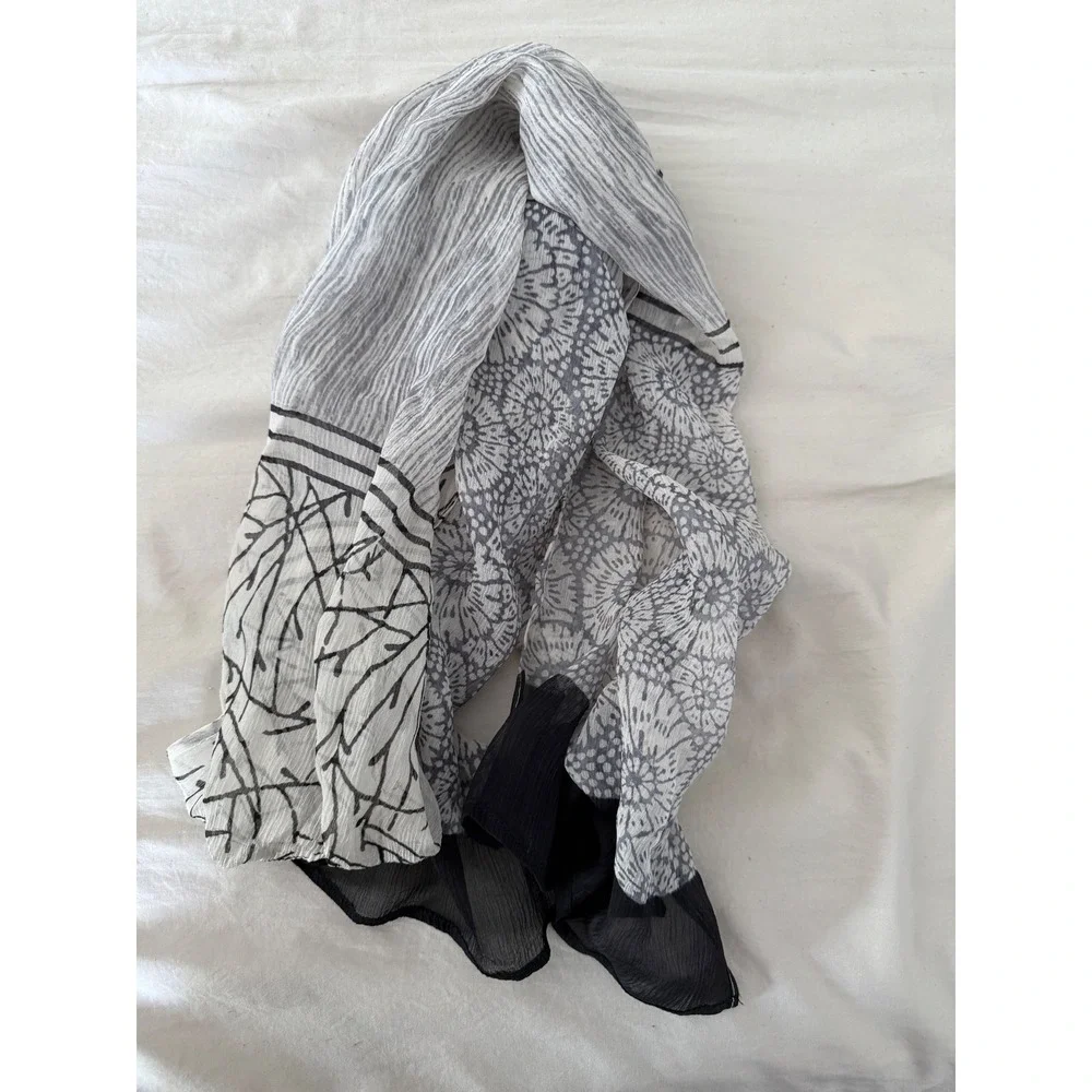 Harshita 100% Silk Gray Floral Oblong Scarf Lightweight Boho Wrap Shawl India